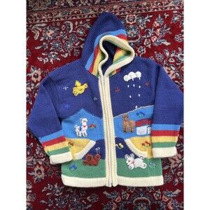 Child Hand Knit Peruvian Hooded Sweater Zip Up Animal Scene Size Small